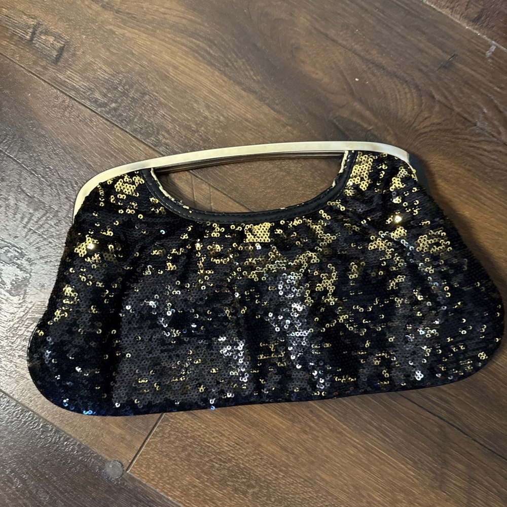 Express‎ Sparkling Sequin Clutch Noir Bag Gold Black Glamorous Evening Bag *Read